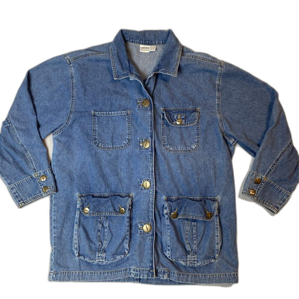 Chico's Design Denim Jacket Chore Coat  Women's Medium Long Blue Button Up Y2K